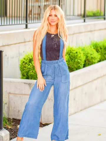 Women Loose Straight Leg Denim Overalls Tencel Wide Leg Jumpsuit With Drawstring Waist Casual One Piece Top And Bottom