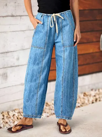 Damen Streetwear Weites Bein Gerade Denim Jeans Hohe Taille Elastischer Kordelzug Gewaschene Baumwolle Polyester Hose