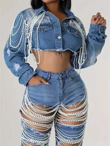 Women Denim Jacket Ripped Distressed Heavy Craft Artificial Pearl Tassel Chain Crop Long Sleeve Streetwear Gothic Jean Coat