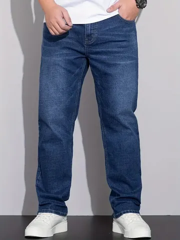 Men Plus Size Straight Leg Jeans Casual Loose Fit Denim Blue Washed Cotton Blend Bottoms Classic British Style Pants