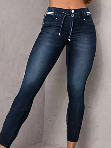 Vaqueros Denim Elásticos Slim Fit para Mujer Cintura con Cordón a Rayas Pantalones de Pitillo Lavados Azul Streetwear Sexy
