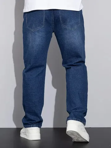 Men Plus Size Straight Leg Jeans Casual Loose Fit Denim Blue Washed Cotton Blend Bottoms Classic British Style Pants