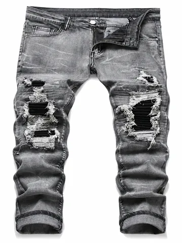 Men High Street Ripped Patchwork Jeans Plus Size Washed Grey Straight Leg Denim Pants Hip Hop Streetwear Men Jeans