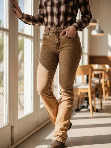 Damen Vintage Gewaschenes Braun Gerade Jeans Hohe Taille Slim Fit Retro Streetwear Lange Lässige Jeanshose