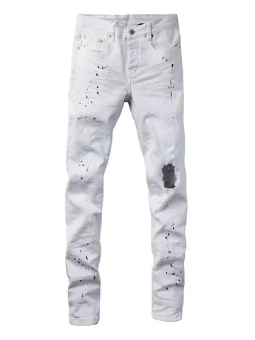 Herren High Street Weiße Zerstörte Jeans Mit Tintenspritzern Slim Fit Gerade Bein Stretch Denim Hose Mit Patchwork Detail