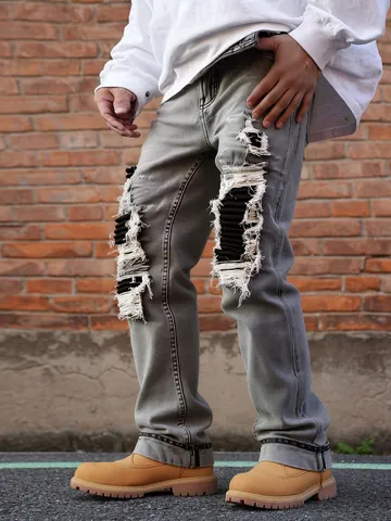 Men High Street Ripped Patchwork Jeans Plus Size Washed Grey Straight Leg Denim Pants Hip Hop Streetwear Men Jeans