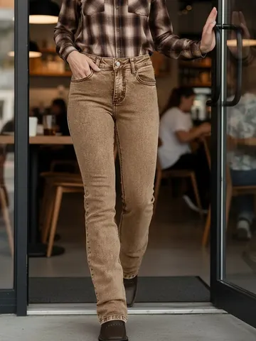 Damen Vintage Gewaschenes Braun Gerade Jeans Hohe Taille Slim Fit Retro Streetwear Lange Lässige Jeanshose