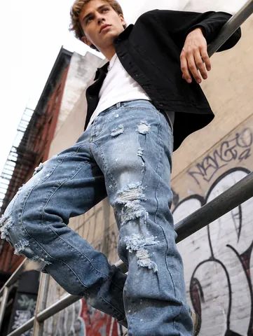 Men's Plus Size Distressed Slim Fit Jeans Washed Light Blue Denim Pants With Paint Splatter Streetwear Hip Hop Casual Bottom