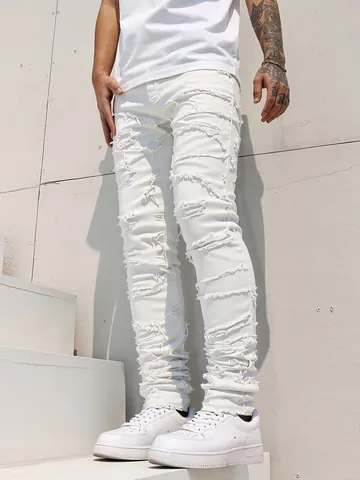 Herren High Street Weiße Denim Jeans Baumwolle Polyester Elasthan Zerrissen Schweres Patchwork Slim Fit Stacked Hose Streetwear