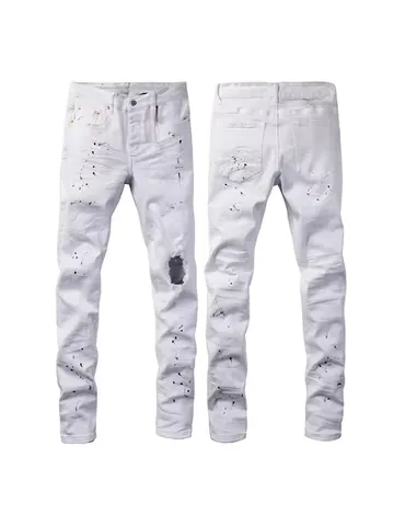 Herren High Street Weiße Zerstörte Jeans Mit Tintenspritzern Slim Fit Gerade Bein Stretch Denim Hose Mit Patchwork Detail