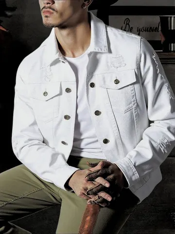 Men Plus Size White Denim Jacket High Street Distressed Ripped Jean Coat Cotton Outerwear For Men Casual Retro Streetwear