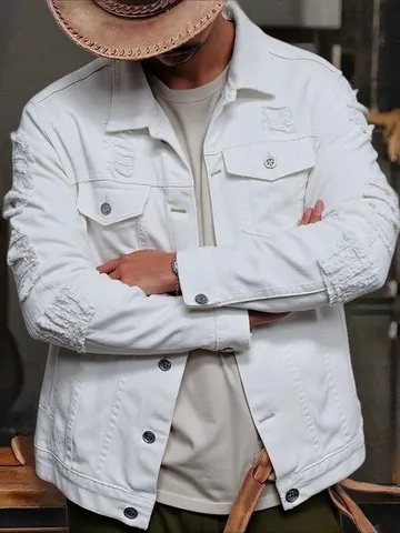 Men Plus Size White Denim Jacket High Street Distressed Ripped Jean Coat Cotton Outerwear For Men Casual Retro Streetwear
