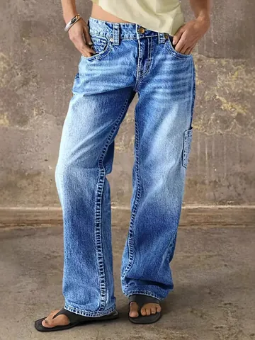 Vaqueros de Pata Ancha Sueltos para Mujer Estilo High Street Mezcla de Algodón Costuras de Contraste Pantalones Denim Lavados Cargo