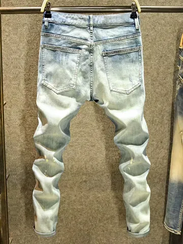 Vaqueros Hombre Degradados Corte Ajustado Recto Denim Desgastado Estilo High Street Con Efecto Salpicaduras Pintura Casual
