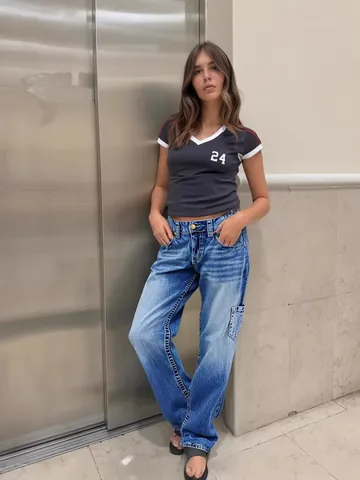 Vaqueros de Pata Ancha Sueltos para Mujer Estilo High Street Mezcla de Algodón Costuras de Contraste Pantalones Denim Lavados Cargo