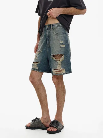 Herren Casual Distressed Denim-Shorts High Street Zerrissene Baumwolle Gewaschene Fünf-Punkt-Shorts Lockere Sommer Streetwear Shorts