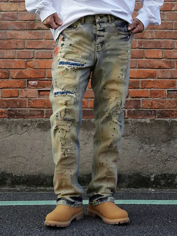 Herren Vintage Distressed Zerrissene Jeans Baumwollmischung Farbspritzer High Street Gerades Bein Denim Hosen Für Den Alltag