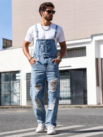 High Street Herren Jeans-Latzhose Mit Verstellbaren Trägern Gewaschene Gerade Geschnittene Trendige Jumpsuits Latzhose Für Männer