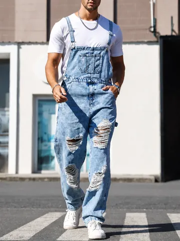 High Street Herren Jeans-Latzhose Mit Verstellbaren Trägern Gewaschene Gerade Geschnittene Trendige Jumpsuits Latzhose Für Männer