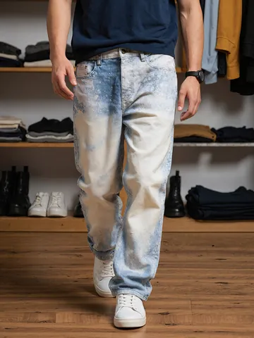 Vaqueros Rectos para Hombre High Street Fashion Azul Americano Lavado de Nieve Degradado Pantalones Denim Retro Casual