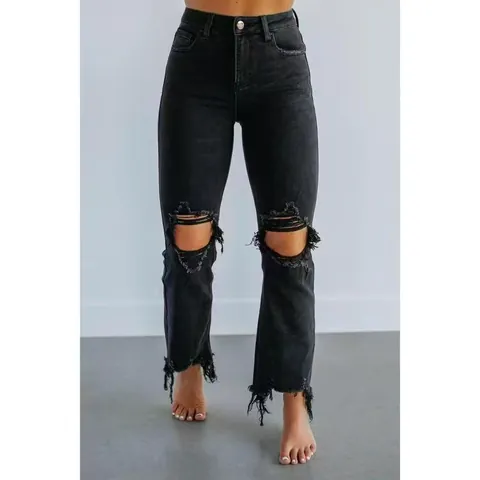 Pantaloni Jeans Skinny Strappati da Donna Alta Elasticità Orlo a Taglio Vivo Cropped Denim Streetwear Casual Vita Media