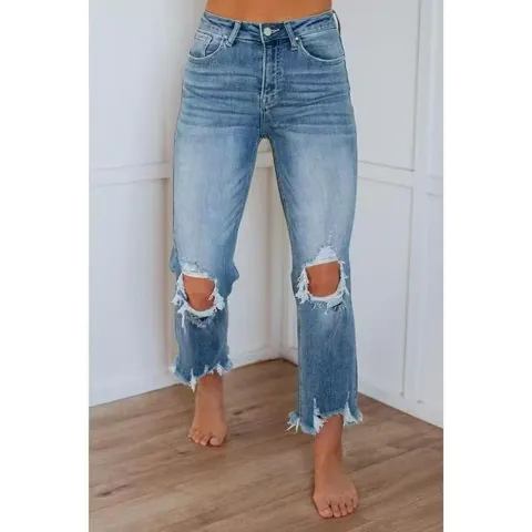 Pantaloni Jeans Skinny Strappati da Donna Alta Elasticità Orlo a Taglio Vivo Cropped Denim Streetwear Casual Vita Media
