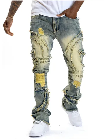 Men Distressed Flare Jeans Streetwear Ripped Tassel Denim Pants Washed Vintage Patchwork Rock Hip Hop Bottoms Long Trousers