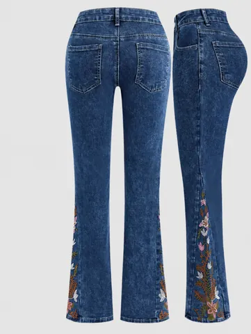 Women's High Waist Flare Jeans With Floral Embroidery Slim Fit Denim Long Pants Slightly Flared Retro Trousers For Women