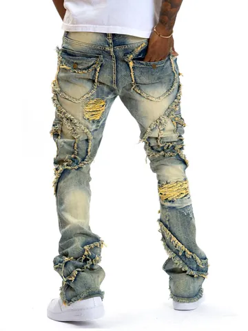 Men Distressed Flare Jeans Streetwear Ripped Tassel Denim Pants Washed Vintage Patchwork Rock Hip Hop Bottoms Long Trousers