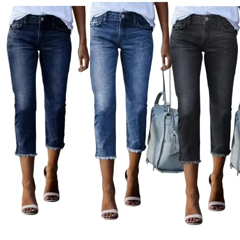 Damen High Waist Skinny Jeans Mode Denim Capri Hose Ausgefranster Saum Slim Fit Retro Stretchy Denim Hose Für Casual Daily