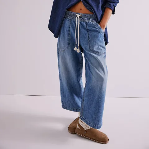 Women's Washed Cotton Denim Straight Leg Jeans Drawstring Elastic Waist Ankle Length Pants With Large Pockets For Women