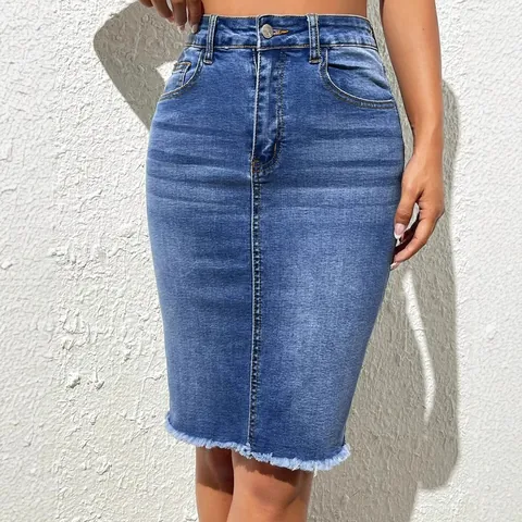 Women High Waist Denim Midi Skirt Stretchy Frayed Hem Bodycon Pencil Skirt Streetwear Stone Wash Blue Jeans Skirt Casual Slim Fit