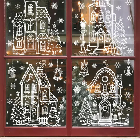 Weihnachten Statische Fensterbilder Weiß Schneeflocke Haus PVC Wandaufkleber Für Winter Urlaub Glas Vitrine Dekoration