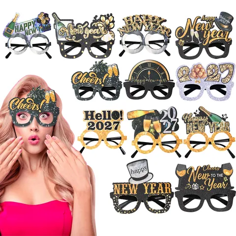 Happy New Year 2026 Party Glasses Glitter Cardstock Photo Booth Props Assorted Holiday Celebration Eyewear Frames For Unisex Party