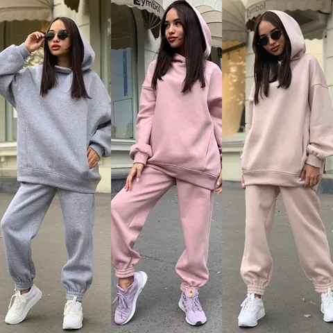 Γυναικείο Casual Oversized Φούτερ Με Κουκούλα Και Παντελόνι Σετ Δύο Τεμαχίων Μονόχρωμο Streetwear Top And Bottom