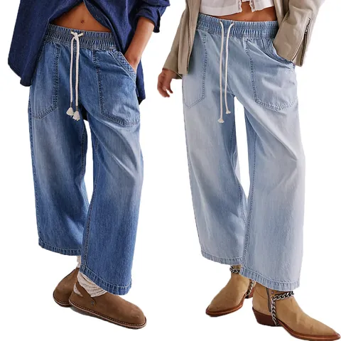 Women's Washed Cotton Denim Straight Leg Jeans Drawstring Elastic Waist Ankle Length Pants With Large Pockets For Women