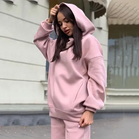 Γυναικείο Casual Oversized Φούτερ Με Κουκούλα Και Παντελόνι Σετ Δύο Τεμαχίων Μονόχρωμο Streetwear Top And Bottom