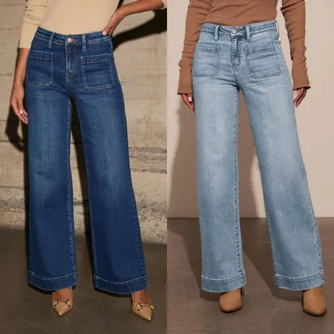 Women High Waisted Jeans Wide Leg Straight Denim Bottoms Vintage Washed Cotton Blend Pants With Pockets Casual Streetwear