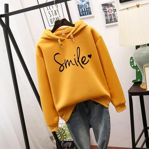 Sudadera con Capucha de Vellón Oversize para Mujer Smile Letra Corazón Estampado Manga Larga Pullover Casual Europeo para Mujer