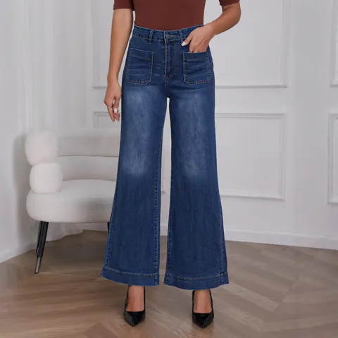 Women High Waisted Jeans Wide Leg Straight Denim Bottoms Vintage Washed Cotton Blend Pants With Pockets Casual Streetwear