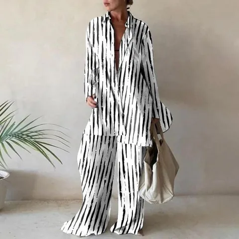 Damen Geometrisch Bedrucktes Hemd Und Weite Hose Top Und Bottom Set Langarm V-Ausschnitt Lässiges Urlaubs-Outfit