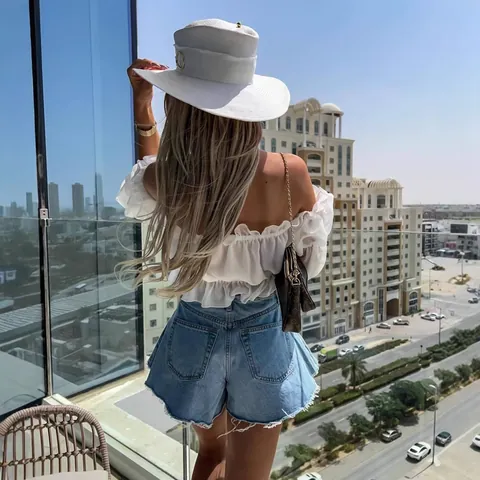 Women's High Waisted A-Line Denim Shorts With Frayed Hem Vintage Washed Black Light Blue Casual Fashion Summer Jean Shorts Bottom
