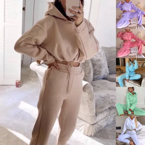 Women's Casual Long Sleeve Cropped Hoodie And Joggers Set Two Piece Cotton Blend Fleece Sweatsuit For Autumn Winter
