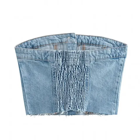 Top Gilet da Donna Slim in Denim Spalle Scoperte Monopetto Blu Lavato Con Orlo Sfilacciato Top Senza Maniche Casual