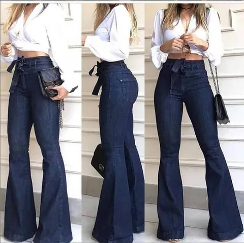 Ψηλόμεσο Τζιν Καμπάνα Γυναικείο Βαμβακερό Denim με Ανόρθωση Γλουτών και Δέσιμο στη Μέση Παντελόνι Casual Εφαρμογή