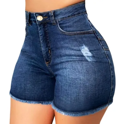 Short en Jean Femme Taille Haute Extensible Déchiré à Franges Coupe Ajustée en Coton Lavé Short en Denim Été Bas