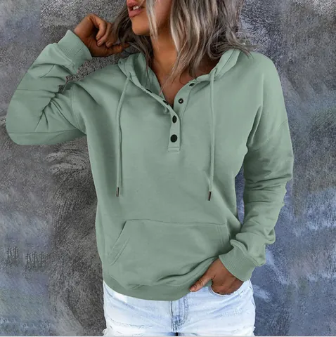 Women Casual Hoodie Long Sleeve Cotton Blend Loose Pullover Sweatshirt With Drawstring Pocket Solid Color Top