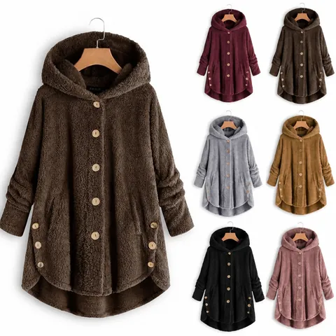 Γυναικείο Casual Λούτρινο Τζάκετ Teddy Fleece με Κουκούλα Ασύμμετρο Στρίφωμα Κουμπιά Μακρύ Μανίκι Εξωτερικά Ενδύματα Top Ζεστό Μονόχρωμο Παλτό