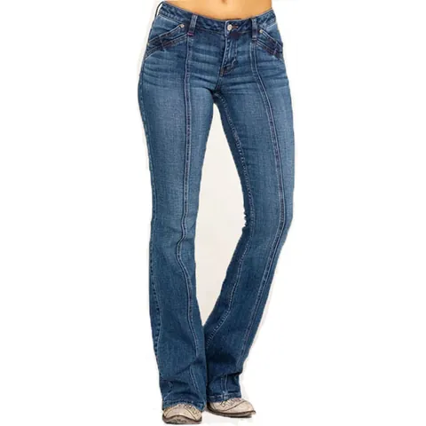Vaqueros Acampanados Lavados de Ajuste Ceñido para Mujer Cintura Media Pantalones de Mezclilla Vintage con Costura Frontal