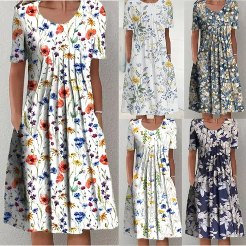 Women's Summer Short Sleeve Floral Print Midi Dress Round Neck A-Line Swing Dress With Pockets Casual Polyester Beach Dress